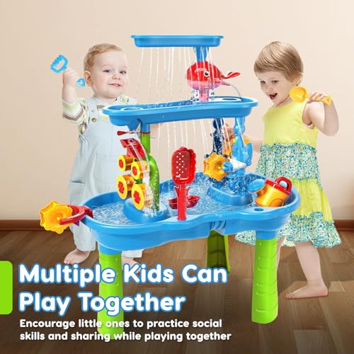 Water Table for Toddlers 3-5 | 3-Tier Kids Water Table Toys, Rain Showers Splash Pond for Outdoor Beach Backyard Summer, Outdoors Play Sensory Play Table Pond for Boys Girls 3-5 4-8