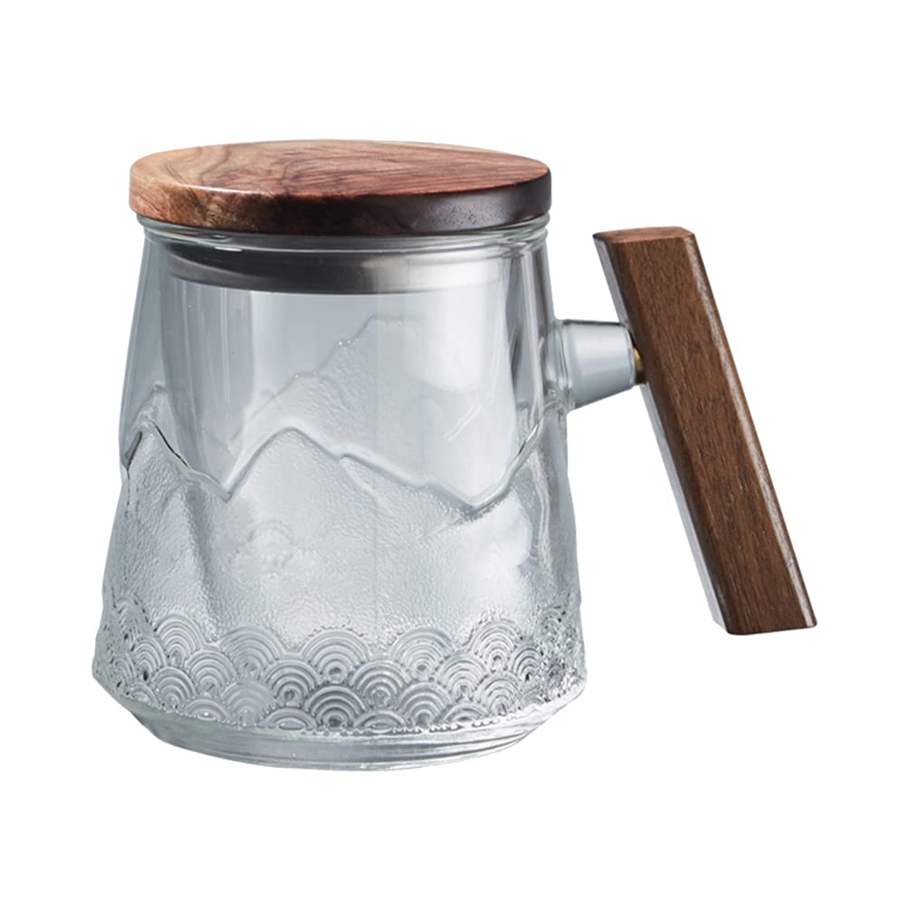 Operitacx Glass Tea Mug with Infuser Double Wall Glass Tea Cup Drinking Mug with Wooden Lid and Handle for Loose Leaf Tea Steeping