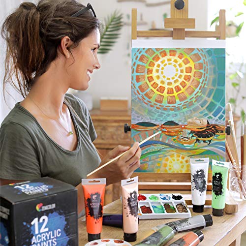 Zenacolor ⭐ Acrylic Paint Set, 12 Tubes of 4 Oz / 120mL, 12 Acrylic Paints for Painting Canvas with Paint Brushes, Wood, Arts and Crafts, Fabric, Painting Supplies for Adults and Children