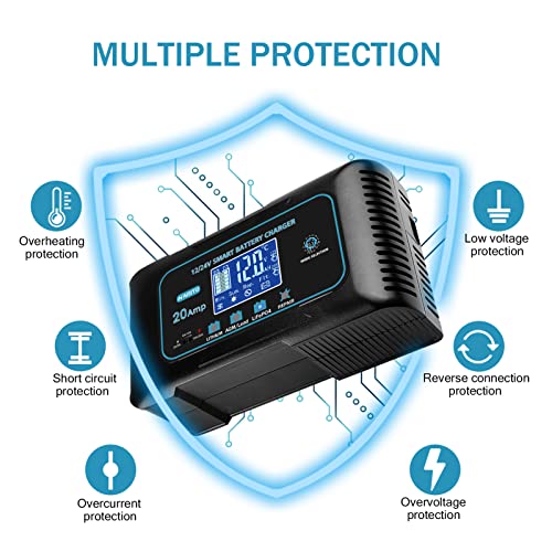 Haisito Car Battery Charger 12V/24V 20A, Intelligent Fast Battery Charger Car and Motorcycle, Desulfator and Maintainer for LiFePO4 Lithium Lead Acid Batteries (AGM, GEL, EFB, SLA, VRLA)