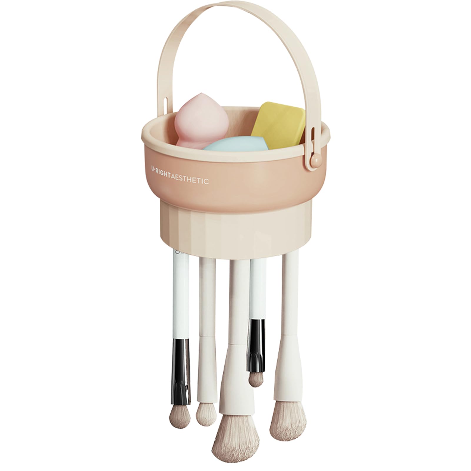 Veki 3 in 1 Makeup Brush Cleaning Mat, Silicone Makeup Brush Scrubber, Cosmetic Brushes Cleaner for Cleaning Drying and Storing, Cosmetic Cleaner Bowl for Make Up Brushes, Powder Puff (Khaki)