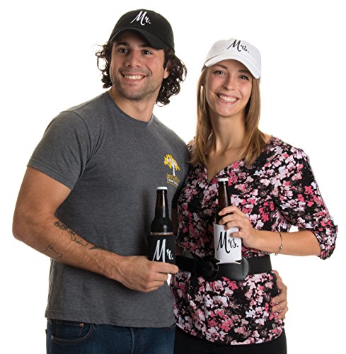 Mr. & Mrs. | Matching Newlywed Wedding Baseball Caps and Beer Holder (Coolie)