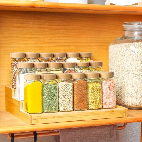 ComSaf 4oz 24Pcs Glass Spice Jars with Bamboo Lids, Empty Spice Containers with 93 Labels, Square Seasoning Containers Trial and Supplement Set, Small Seasoning Bottles for Salt, Herbs, Sugar, Pepper