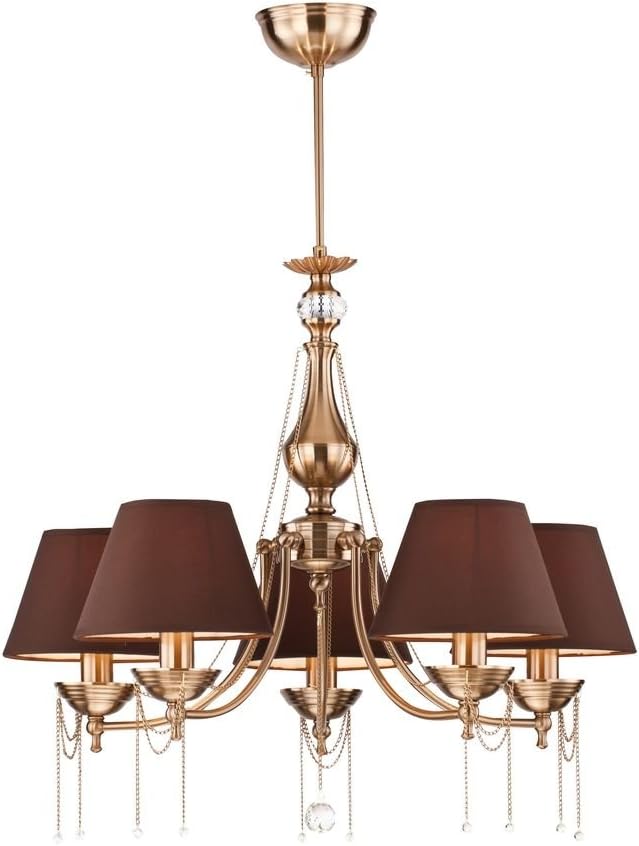 Art Deco Antique chandeliers brass metal colour, Decorated with Brown Fabric Shade, Clear Crystal Excl E14 5X 60 W 220 V [Energy Class A++]