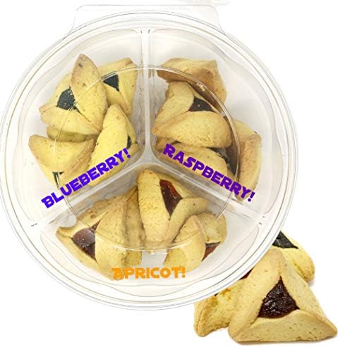 "ChocoNuts" Happy Purim Freshly Baked Nut Free Hamantashen Cookies - Filled with Apricot, Raspberry and Blueberry Jam - 3 Sectional Mishloach Manot Gift Basket, 1.5 Pounds