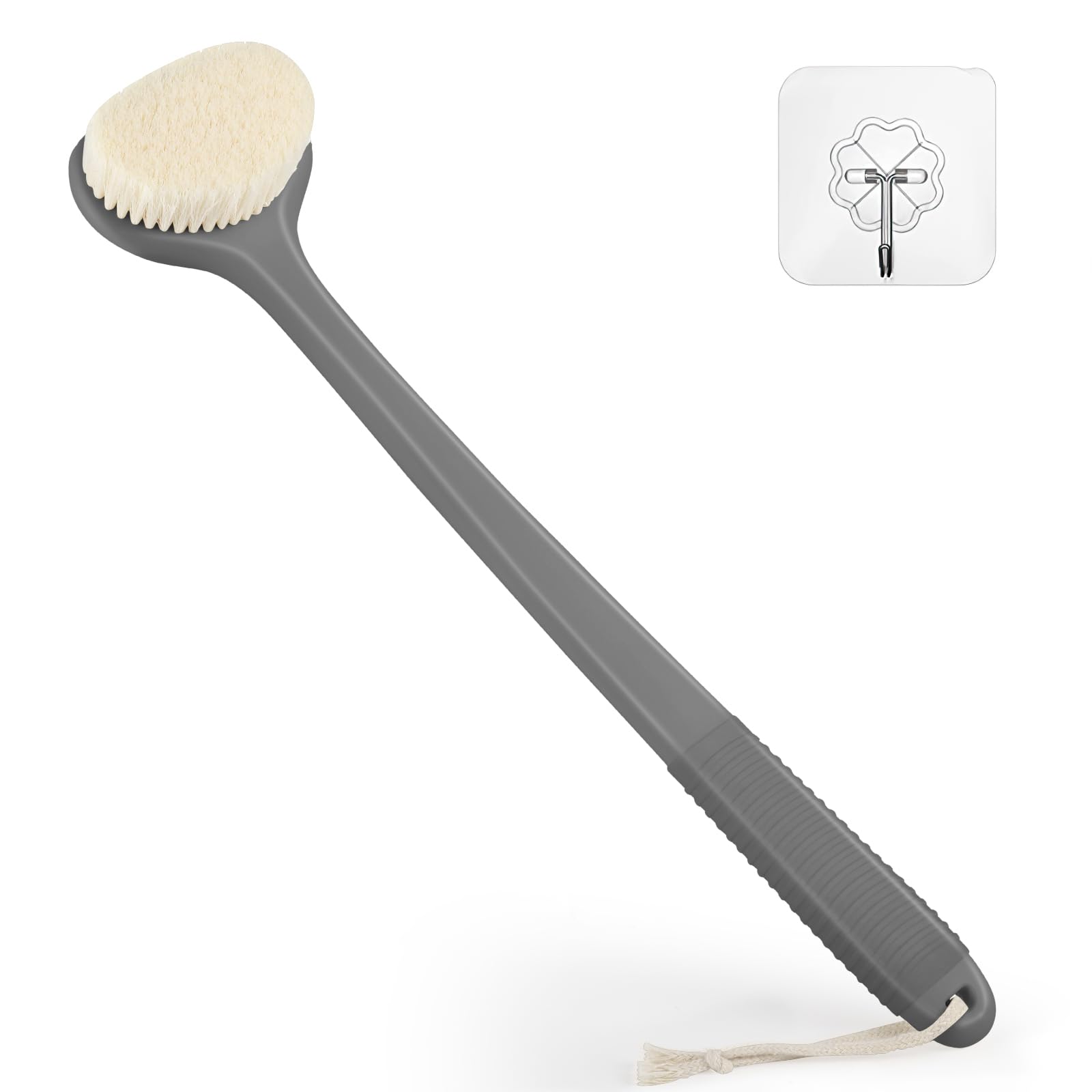 VANZAVANZU Back Scrubber for Shower, Bath Brush with 17-Inch Long Anti-Slip Handle, Wet and Dry Brushing Body Brush for Body Cleansing, Back Brush for Men and Women, Grey
