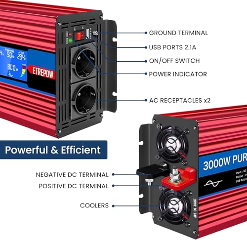 ETREPOW 3000W/6000W Inverter 24V 220V Pure Sine Wave Transformer with 2 EU Sockets and a USB, Wireless Remote Control and LCD Display, Suitable for Solar Systems, Caravans, Trucks, Camping