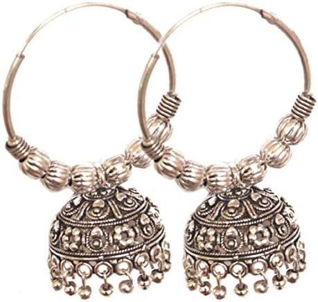 Pahal Traditional Designer Oxidized Big Silver Jhumka Earrings Hoop South Indian Wedding Jewelry Set D1
