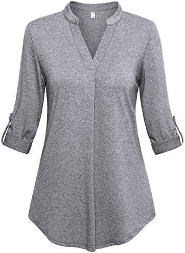 Loose Fitting Tops for Women, Sinmy Ladies 3/4 Roll-Up Sleeve Deep V Neck Active Casual Basic Tunic Shirts Large Grey