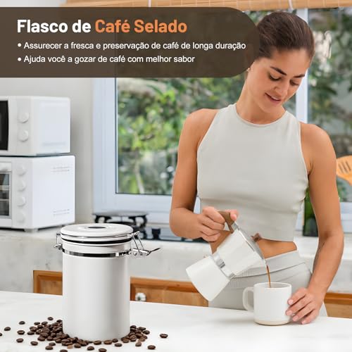 Pote Cafe Hermetico Inox Grãos Café Chá Açúcar Farinha Cereais Pote Armazenamento Cafe Vasilha Café com Colher para Escritórios Domésticos e Assim Por Diante Recipiente Café Aço Inoxidável 2,8L
