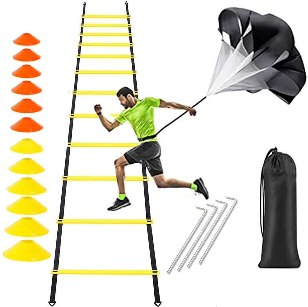 Speed Agility Ladder Training Set, Soccer Football Training Equipment Includes 12 Rung 20Ft Agility Ladder, 12 Disc Cones, 4 Steel Stakes, Resistance Parachute & Carry Bag