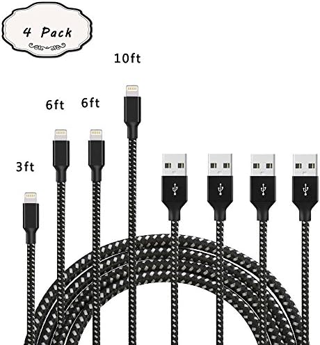 GGUO 3', 6', 10' Extra Long High-Speed Nylon Braided iPhone Cable Lightning Cord for iPhone 7/7 Plus/6/6 Plus/6S/6S Plus, SE/5S/5, iPad, iPod Nano 7 - Black and White - 4 Piece