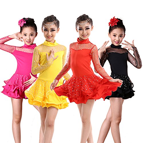 Girls Sequin Dance Costume Latin Rumba Dance Dress Spandex Ballroom Dancewear (Rose red, 7-8) - Thumbnail 2