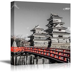 Black and White Photograph with Pop of Red on a Bridge by Chinese Temples - Canvas Art Home Art - 12x12 inches