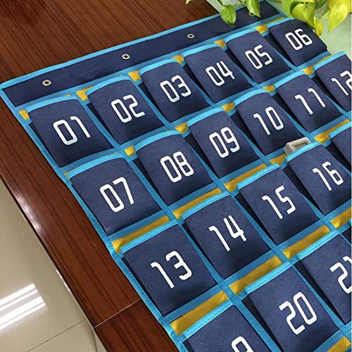 Classroom Numbered Pouch, 30 Hanging Storage Bag for Mobile Phone Calculators Pocket Board with 4 Hooks, Over the Door Phone Organizer (Light Blue)