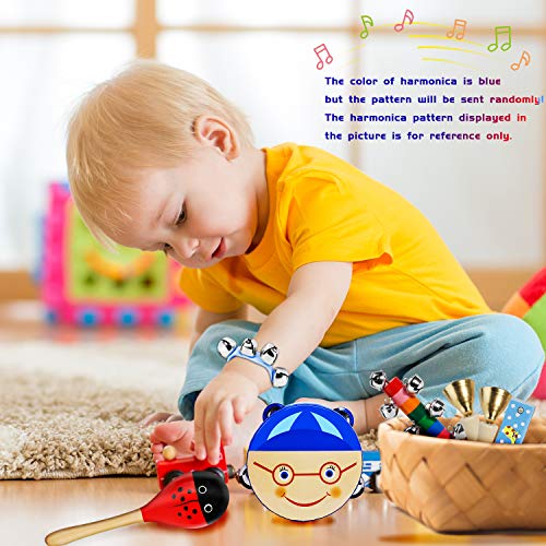 ShinePick Toddler Educational Musical Instruments Toys Set for Kids 15Pcs Wooden Percussion Instruments Tambourine Maracas Harmonica for Boys & Girls Preschool Education with Carry Bag