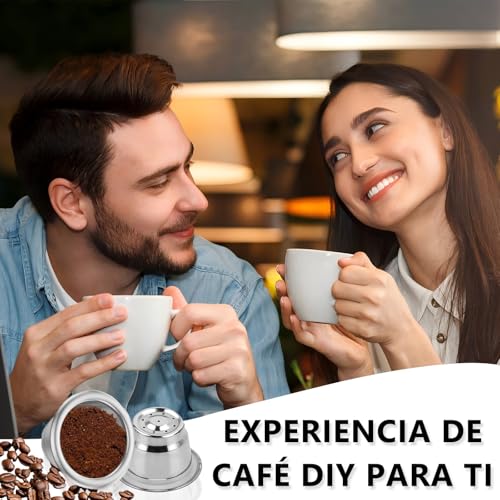 Capsulas de Café Reutilizables 6PCS, Cápsulas de Café de Acero Inoxidable, Resistente a Altas Temperaturas y Fácil de Limpiar, para Nespresso OriginalLine（6 Tazas + 200 Tapas + 1 Pincel + 1 Cuchara）