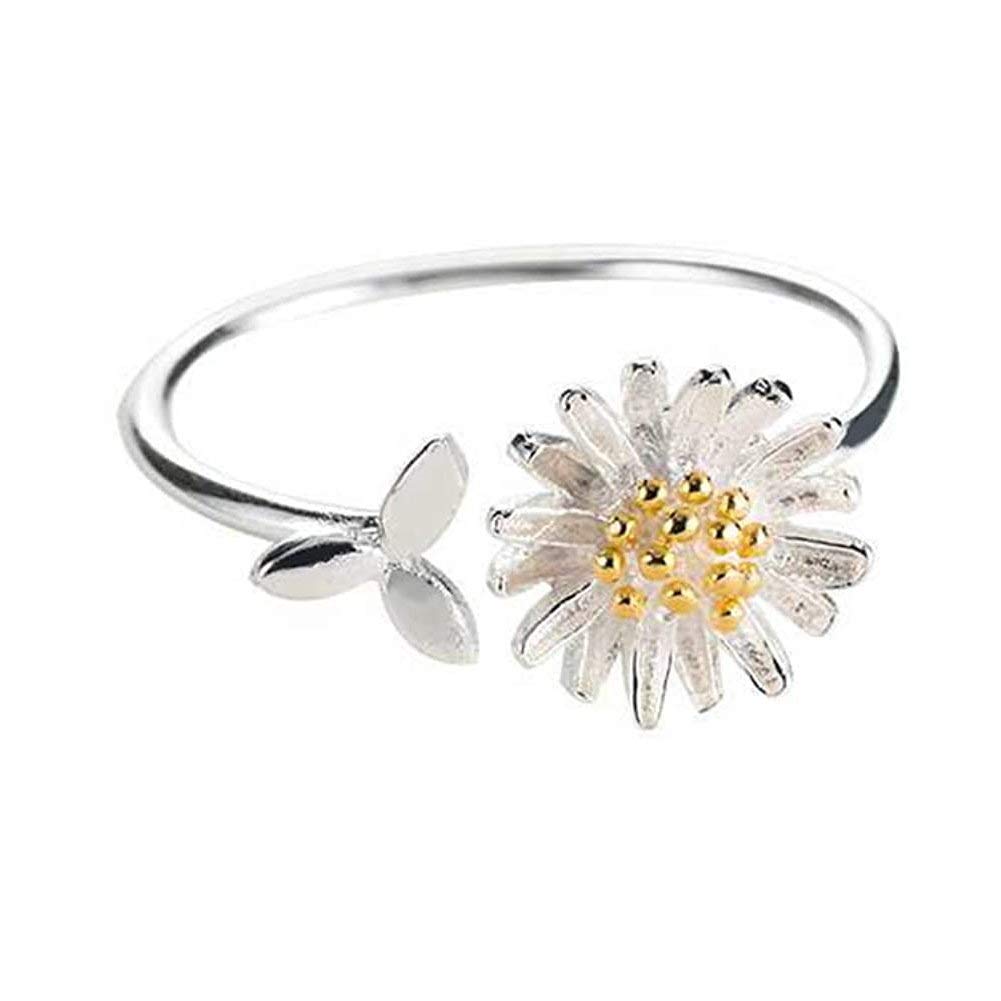 Daisy Flower Cute Leaf Sterling Silver Engagement Open Toe Rings Dainty Adjustable Gold Plated Finger Promise Statement Band Sunflower Ring Jewelry Gifts for Birthday Women Girlfriend Teen Girls