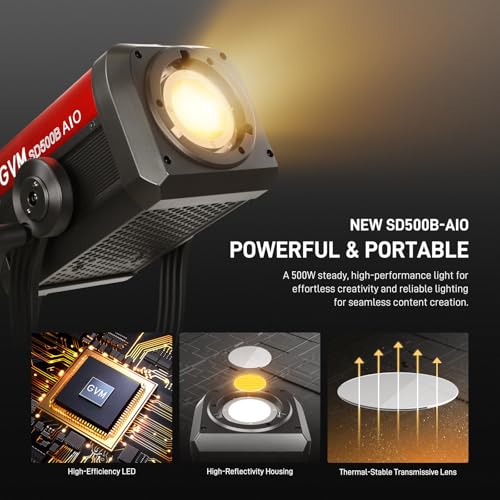 GVM 500W LED Video Light with Bluetooth App Control, 2700K-6800K CCT, 227040 lux@1m, Studio Photo Lighting with Bowen Mount, Continuous Light with Standard Cache, CRI 97+, COB SD500B