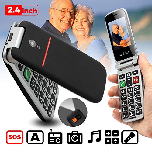 Telefono Movil para Personas Mayores Teclas Grandes con Tapa Pantalla de 2,4 Pulgadas Tecla de Emergencia Boton SOS Camara Facil de Usar para Ancianos, Artfone Flip CF241A, Negro