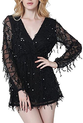Ourfashion Women's Long Sleeve Deep-V Neck Fringe Sequins Short Gauzy Romper Dresses