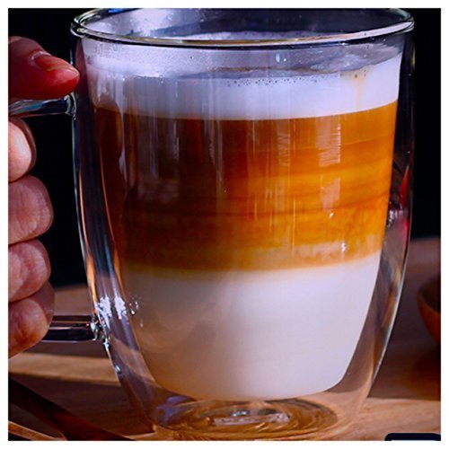 PurpleLake Double Wall 12 Ounce / 350 ml Borosilicate Large Glass Coffee Tea Cup - BISTRO Hot or Cold Coffee, Espresso, Latte, Cappuccino, Tea, Juice, Beverage Cup Mug with Handle