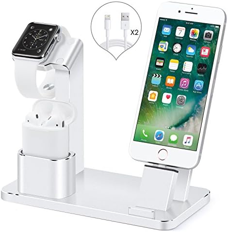 Shuteng Charger Stand Desk Charging Stand Dock Station Compatible with Apple iWatch 4/3/2/1/AiPods/iPhone XS/XS MAX/XR/X/8/8+/Pencil/iPad,iWatch Charger Stand Holder 【NightStand Mode】-Silver