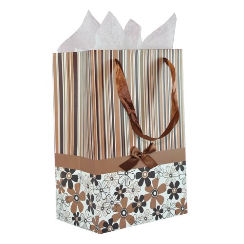 Stripes and Simple Flowers Pattern Satin Bowtie Handle Gift Bag with Tissue Paper - Brown