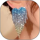Rhinestone Heart Tassel Statement Earrings for Women Bohemia Exaggerated Long Chandelier Earrings Fashion Crystal Heart Dangle Earrings Jewelry Gifts