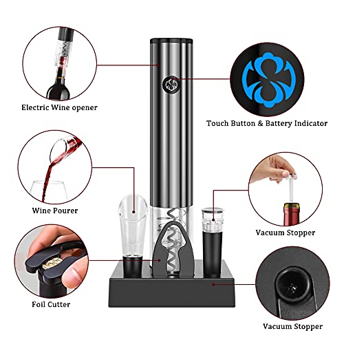 Delicacy Electric Wine Opener Set,Rechargeable Wine Opener Set with Charging Base,One-click Button Wine Bottle Corkscrew Opener with Wine Pourer, Vacuum Stopper and Foil Cutter (Batteries Included)