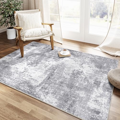 WondRg 3x5 Washable Area Rug Grey White Abstract Modern Entryway Kitchen Non Slip Throw Rug Living Room Bedroom Indoor Doormat Soft Thin Simple Carpet for Entrance Office Bathroom