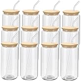 12 Pack Beer Glass Cups with Bamboo Lids and Glass Straws 16oz Beer Can Shaped Drinking Glasses Cups, Glass Tumbler Reusable 