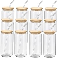 12 Pack Beer Glass Cups with Bamboo Lids and Glass Straws 16oz Beer Can Shaped Drinking Glasses Cups, Glass Tumbler Reusable 