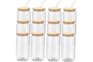 12 Pack Beer Glass Cups with Bamboo Lids and Glass Straws 16oz Beer Can Shaped Drinking Glasses Cups, Glass Tumbler Reusable 