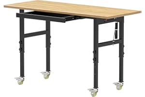 SGMORY 60" Adjustable Workbench with Drawer Storage, Heavy Duty Rubber Wood Work Table with Power Outlet and 4 Lockable Wheels, 2000 LBS Load Capacity Workstation for Garage, Home, Office