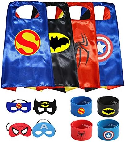 Munfa Superheros Cape and Mask Costumes 4 Set Includes Bonus Matching Wristbands for Kids (Multicolored) (Multicolored) (Boy, Multicolored)