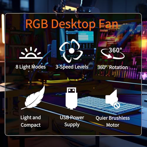 Small USB RGB Desk Fan Portable Table Fan with 3 Levels Air Flow,8 Color LED Lights, 360° Rotation,Quiet Mini Personal Fan for Home Office Desktop (UF-4B)