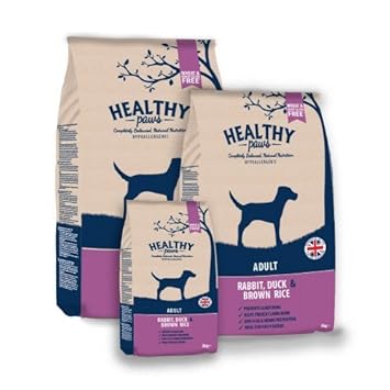 Healthy Paws adult dog food : Rabbit, duck & Brown Rice, Wheat and wheat Gluten free with the added bonus ingredients that prevent flea and worm infestation, lawn burn and prevents paw chewing (12kg)