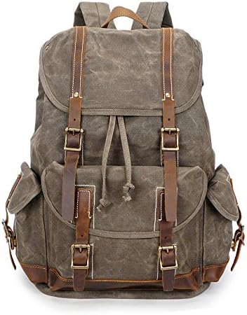 Yuzihan Water Resistant Leather Canvas Backpack School Bag Vintage Rucksack Casual Hiking Travel Rucksack Army Green