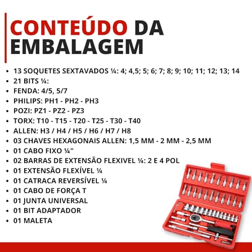Kit Ferramentas 46 Peças com Catraca, Soquetes Allen Torx 1/4" e Extensão – Maleta Compacta Completa para Uso Profissional Automotivo e Doméstico