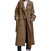 chouyatou Women's Winter Double Breasted Wool Coat Long Sleeve Notch Lapel Midi Long Winter Trench Coat with Belt