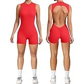 Litthing Women Short Jumpsuit Backless Scrunch Butt Workout Rompers V Back Yoga One Piece Unitards Sleeveless Gym Bodycon