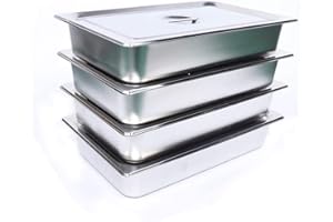 OMOSIROI 4Inch Stainless Steel Pans Deep Full Size l Steam Table Pans w/Lids for Hotel Food Prep, 4Pcs Commercial Durable Cookwares with High-volume Tray, Non-Stick Surface Table for Food Storage