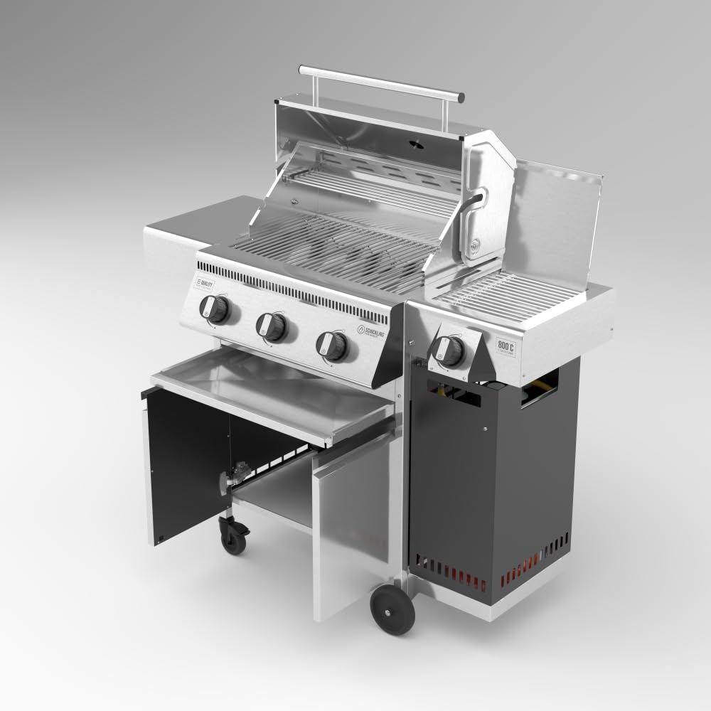 Schickling Gasgrill "Henry L - Deluxe" Edelstahlgrill Grillwagen mit Unterschrank, Doppelwandigem Deckel, 3 Brenner, 800 Grad Seitenbrenner & 3-teiligem Grillrost - Made in Germany 5