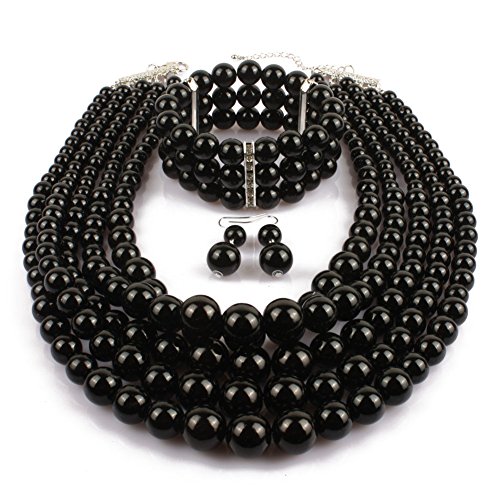 KOSMOS-LI Multi Layer Pearl Strand Necklace Bracelet And Earring Imitate Black Pearl Jewelry Set