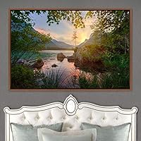 Framed Canvas Wall Art Calming Waters Aerial Cool Lake Landscape Multicolor Photography Realism Relax/Calm - 16x24 inches