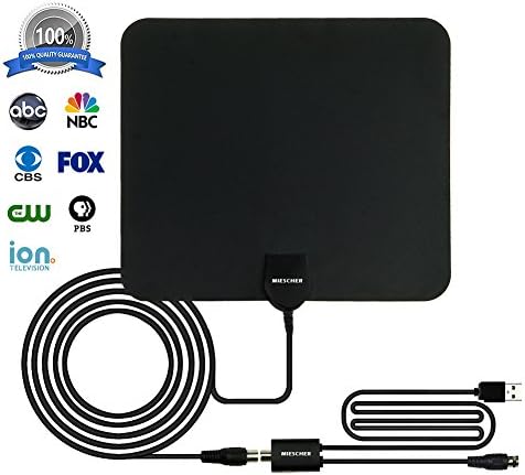 HDTV Antenna, MIESCHER Indoor Amplified Digital TV Antenna with Detachable Amplifier Signal Booster (1080P / VHF / UHF / 50 Miles Range) and 10ft Coaxial Cable, Free Local Channels for Life - Black