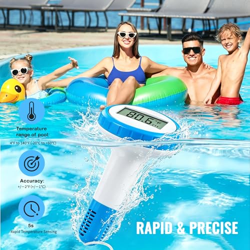 Pool Thermometer Floating Easy Read, Waterproof Wireless Digital Pool Thermometer with Large Screens, IPX8 Waterproof High Precision Temperature Gauge for Swimming Pool, Hot Tub, Spa, Pond, Fish Tank