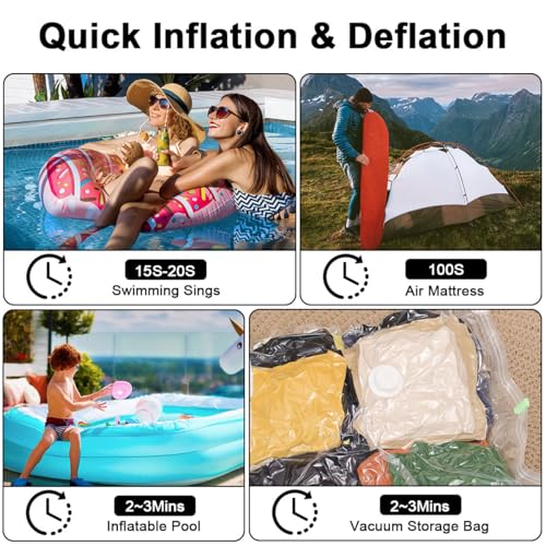 Electric Air Pump for Inflatables, 2400mAh Rechargeable Air Mattress Pump Quick Inflator Deflator Mini Portable Vacuum Pump 5 Nozzles & 3-Speed Camping Light for Pool Floats Vacuum Storage Bag Air Bed