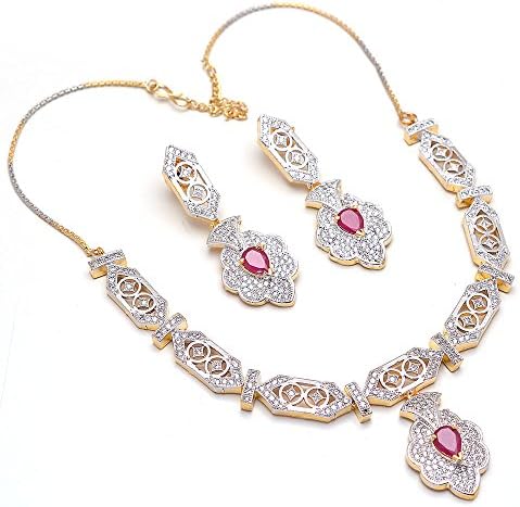 Silver Gold Plated Australian Diamond and Ruby Choker Necklace with Drop Earrings Set for Women